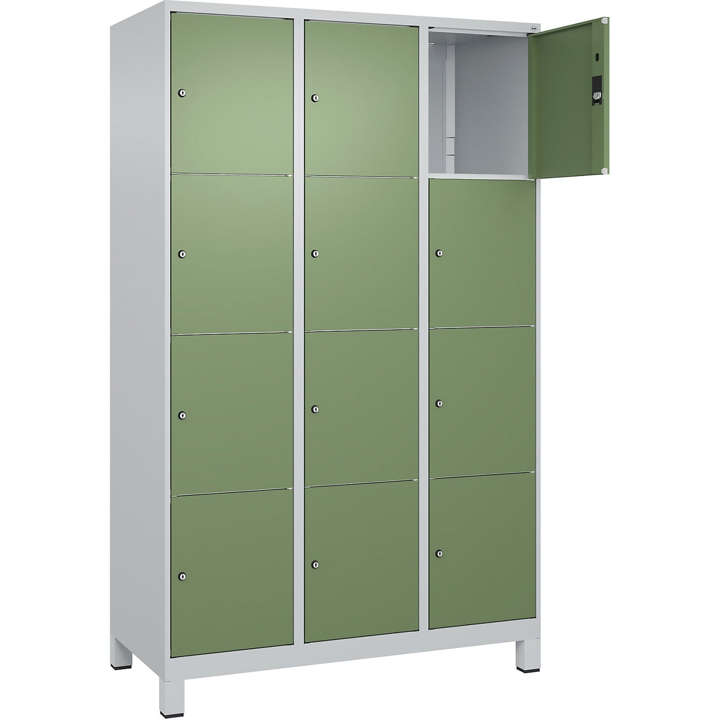 Classic PLUS 4-fold compartment locker, 3 compartments, light grey/reseda green, W 1200 mm, 12 compartments, with feet.