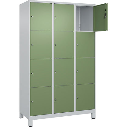 Classic PLUS 4-fold compartment locker, 3 compartments, light grey/reseda green, W 1200 mm, 12 compartments, with feet.