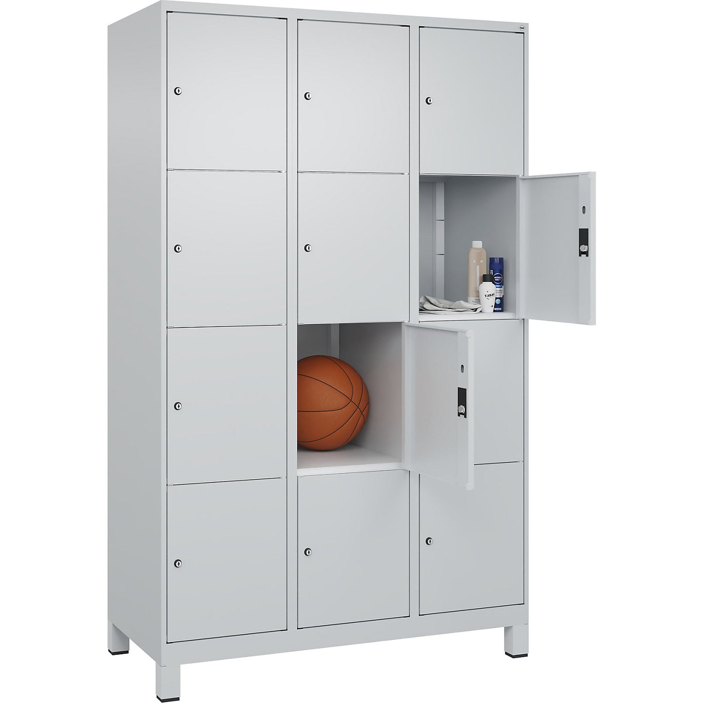 Classic PLUS 4-fold compartment locker, 3 compartments, light grey, W 1200 mm, 12 compartments, with feet.