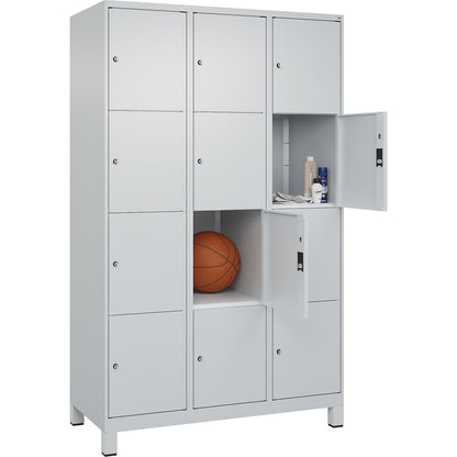 Classic PLUS 4-fold compartment locker, 3 compartments, light grey, W 1200 mm, 12 compartments, with feet.