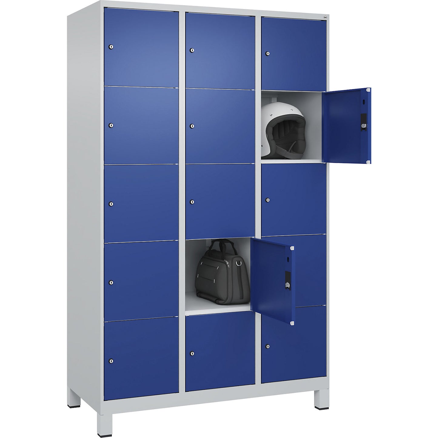 Classic PLUS 5-fold compartment locker, 3 compartments, light grey/gentian blue, W 1200 mm, 15 compartments, with feet.