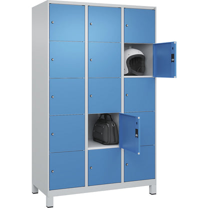 Classic PLUS 5-fold compartment locker, 3 compartments, light grey/light blue, W 1200 mm, 15 compartments, with feet.