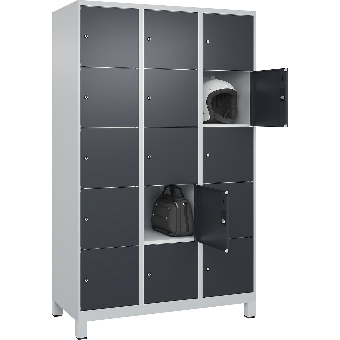 Classic PLUS 5-fold compartment locker, 3 compartments, light grey/grey, W 1200 mm, 15 compartments, with feet.