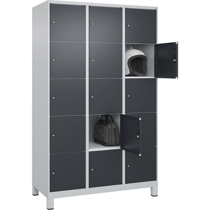 Classic PLUS 5-fold compartment locker, 3 compartments, light grey/grey, W 1200 mm, 15 compartments, with feet.