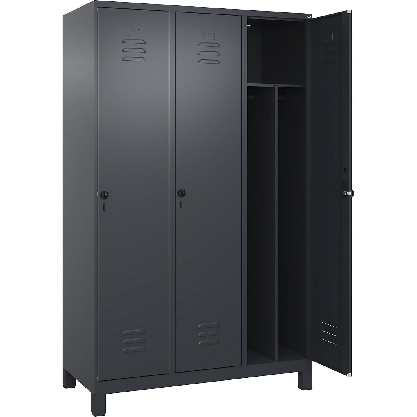 Classic PLUS clean and dirty clothes locker, narrow, 3 compartments, shortened centre divider, grey, W 1200 mm, with feet, rotary bolt, centre partition.