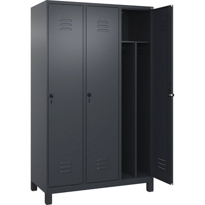Classic PLUS clean and dirty clothes locker, narrow, 3 compartments, shortened centre divider, grey, W 1200 mm, with feet, rotary bolt, centre partition.
