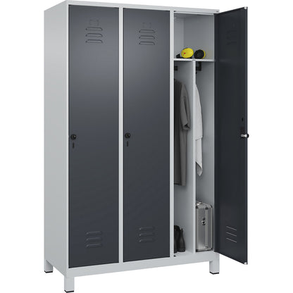Classic PLUS clean and dirty clothes locker, narrow, 3 compartments, shortened centre divider, light grey/grey, W 1200 mm, with feet, rotary bolt, centre partition.