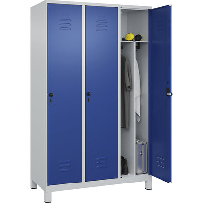 Classic PLUS clean and dirty clothes locker, narrow, 3 compartments, shortened centre divider, light grey/gentian blue, W 1200 mm, with feet, rotary bolt, centre partition.