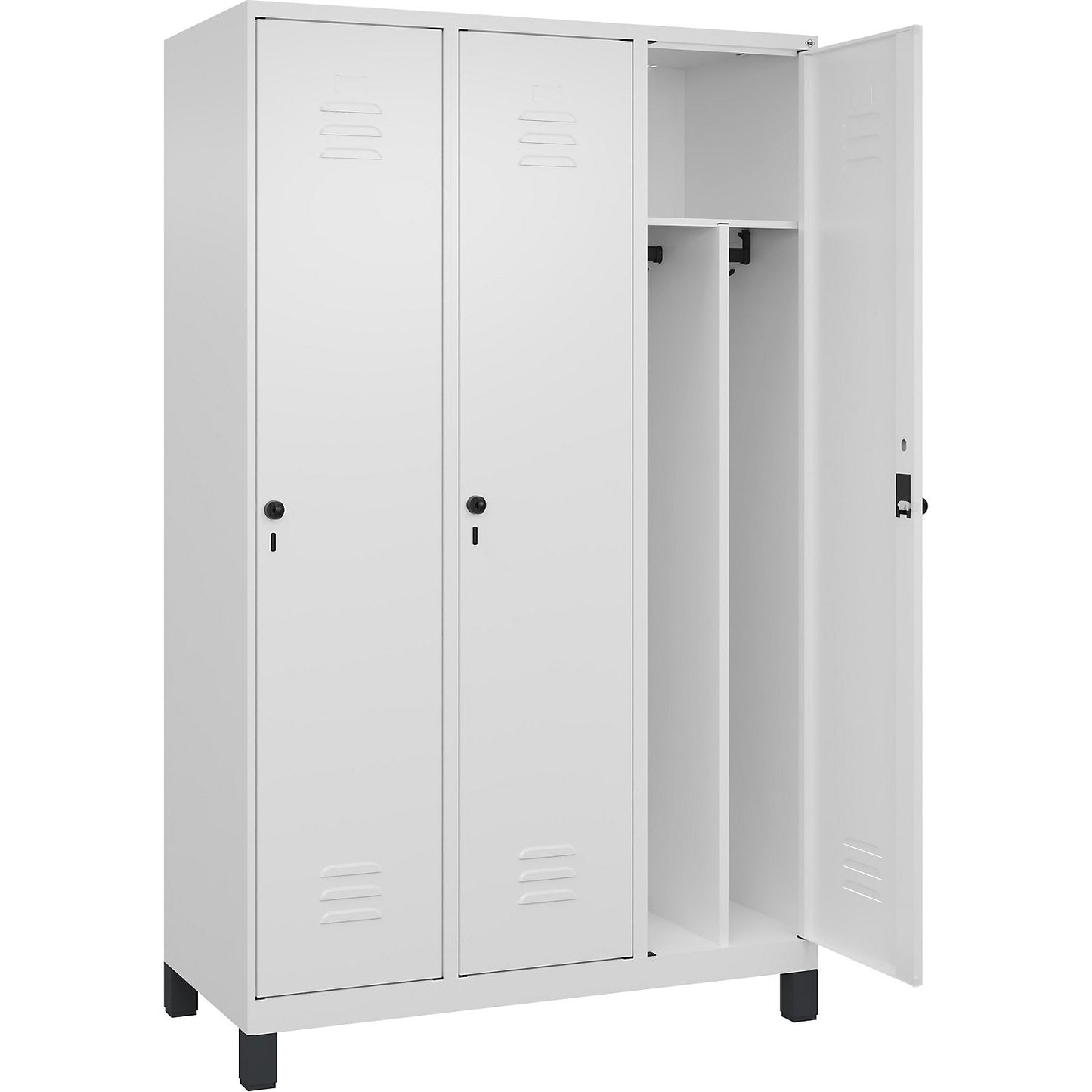 Classic PLUS clean and dirty clothes locker, narrow, 3 compartments, shortened centre divider, traffic white, W 1200 mm, with feet, rotary bolt, centre partition.