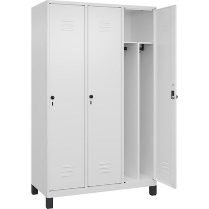Classic PLUS clean and dirty clothes locker, narrow, 3 compartments, shortened centre divider, traffic white, W 1200 mm, with feet, rotary bolt, centre partition.