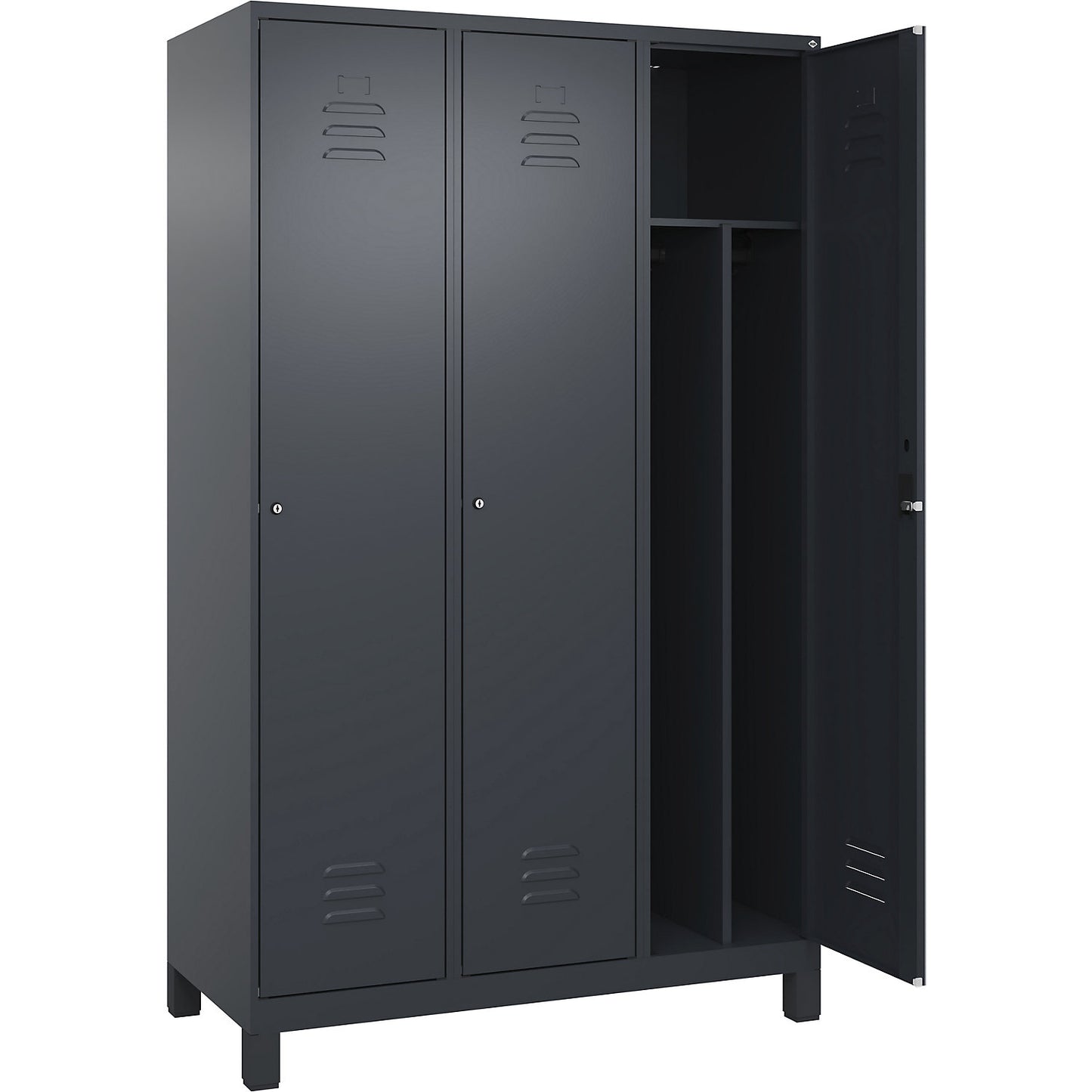 Classic PLUS clean and dirty clothes locker, narrow, 3 compartments, shortened centre divider, grey, W 1200 mm, with feet, cylinder lock, centre partition.