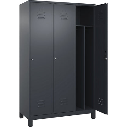 Classic PLUS clean and dirty clothes locker, narrow, 3 compartments, shortened centre divider, grey, W 1200 mm, with feet, cylinder lock, centre partition.