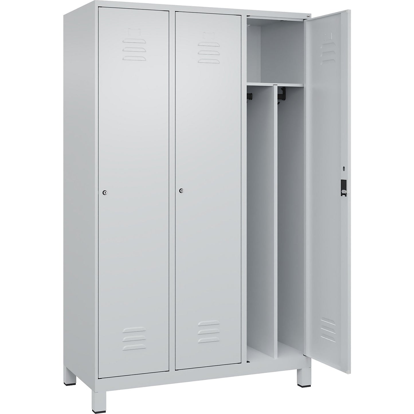Classic PLUS clean and dirty clothes locker, narrow, 3 compartments, shortened centre divider, light grey, W 1200 mm, with feet, cylinder lock, centre partition.