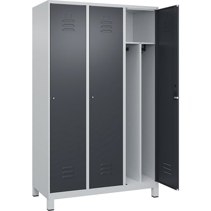 Classic PLUS clean and dirty clothes locker, narrow, 3 compartments, shortened centre divider, light grey/grey, W 1200 mm, with feet, cylinder lock, centre partition.