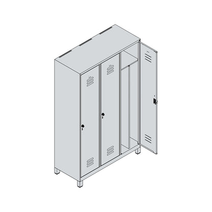 Classic PLUS clean and dirty clothes locker, narrow, 3 compartments, shortened centre divider, grey, W 1200 mm, with feet, rotary bolt, centre partition.