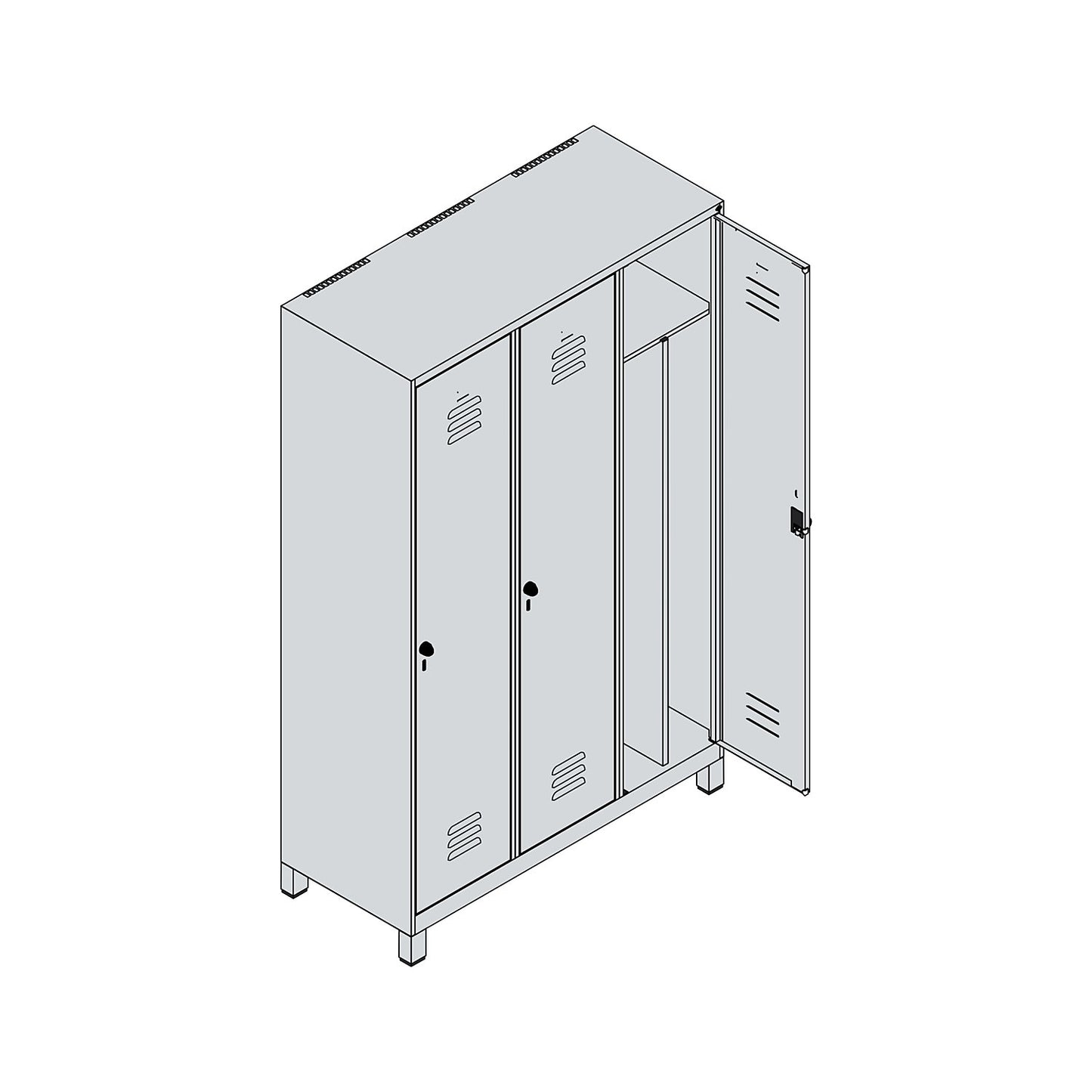 Classic PLUS clean and dirty clothes locker, narrow, 3 compartments, shortened centre divider, light grey/gentian blue, W 1200 mm, with feet, rotary bolt, centre partition.