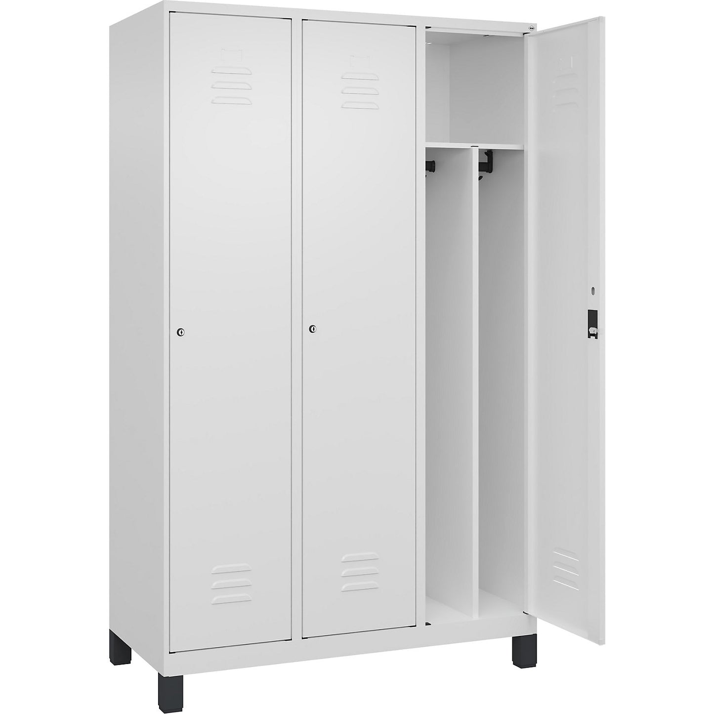 Classic PLUS clean and dirty clothes locker, narrow, 3 compartments, shortened centre divider, traffic white, W 1200 mm, with feet, cylinder lock, centre partition.