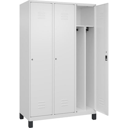 Classic PLUS clean and dirty clothes locker, narrow, 3 compartments, shortened centre divider, traffic white, W 1200 mm, with feet, cylinder lock, centre partition.