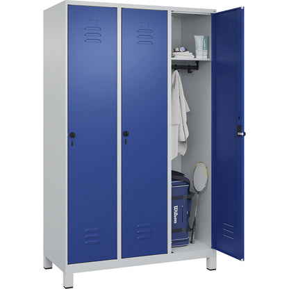 Classic PLUS clothes locker, 3 compartments, light grey/gentian blue, W 1200 mm, with feet, rotary bolt.