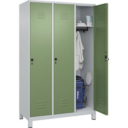 Classic PLUS clothes locker, 3 compartments, light grey/reseda green, W 1200 mm, with feet, rotary bolt.