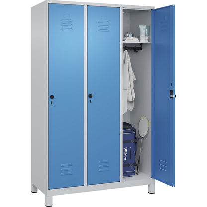 Classic PLUS clothes locker, 3 compartments, light grey/light blue, W 1200 mm, with feet, rotary bolt.
