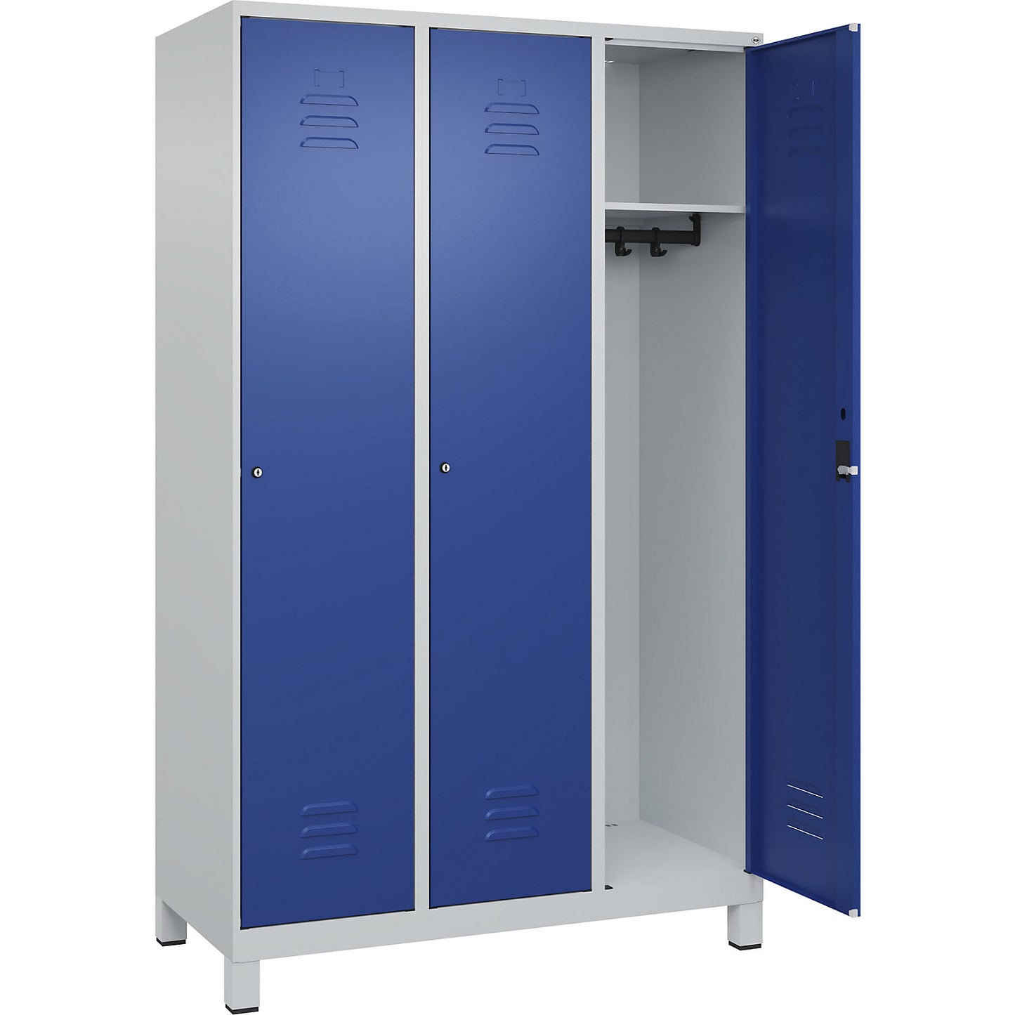 Classic PLUS clothes locker, 3 compartments, light grey/gentian blue, W 1200 mm, with feet, cylinder lock.