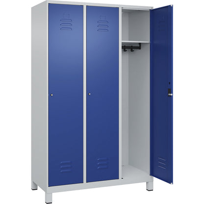 Classic PLUS clothes locker, 3 compartments, light grey/gentian blue, W 1200 mm, with feet, cylinder lock.