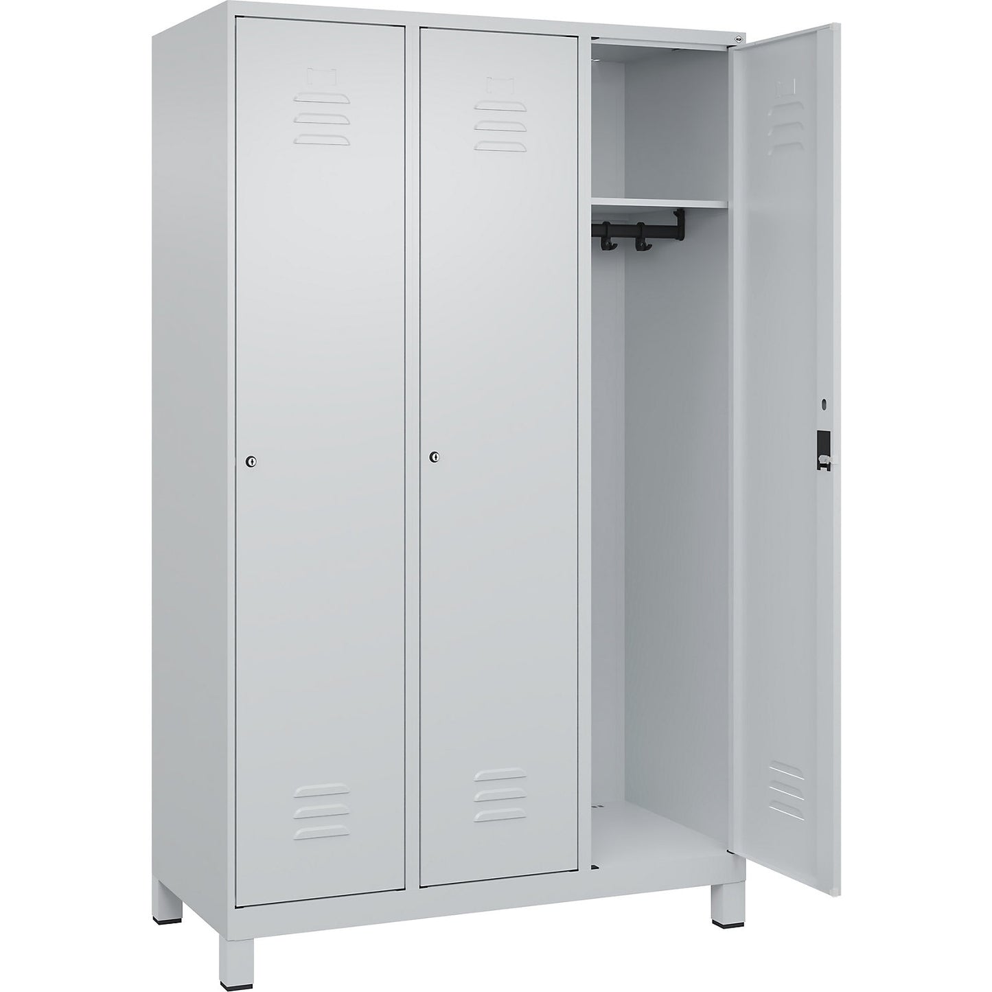 Classic PLUS clothes locker, 3 compartments, light grey, W 1200 mm, with feet, cylinder lock.
