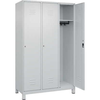 Classic PLUS clothes locker, 3 compartments, light grey, W 1200 mm, with feet, cylinder lock.