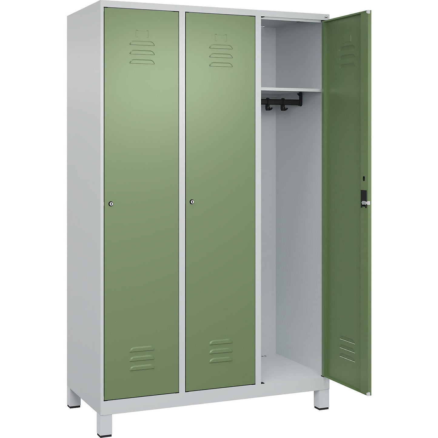 Classic PLUS clothes locker, 3 compartments, light grey/reseda green, W 1200 mm, with feet, cylinder lock.