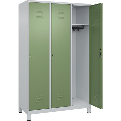 Classic PLUS clothes locker, 3 compartments, light grey/reseda green, W 1200 mm, with feet, cylinder lock.
