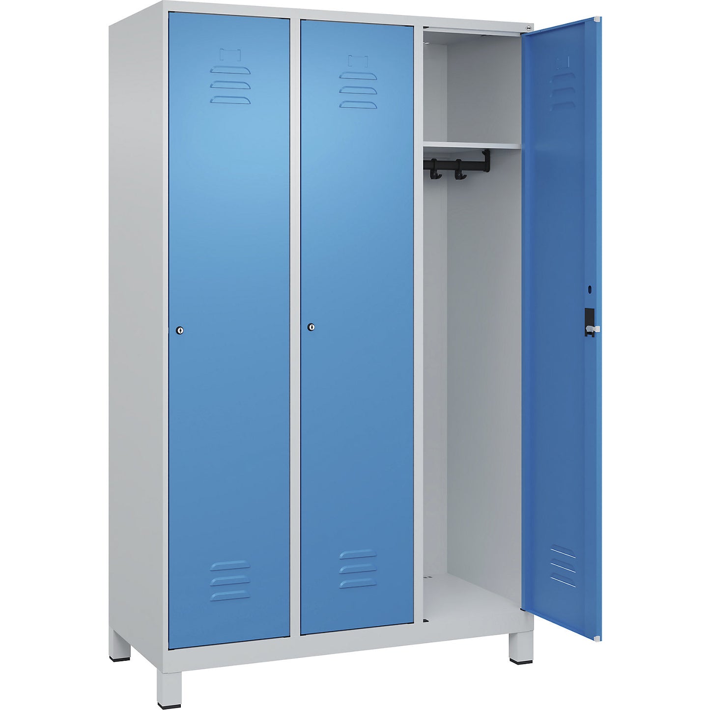 Classic PLUS clothes locker, 3 compartments, light grey/light blue, W 1200 mm, with feet, cylinder lock.