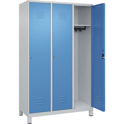 Classic PLUS clothes locker, 3 compartments, light grey/light blue, W 1200 mm, with feet, cylinder lock.