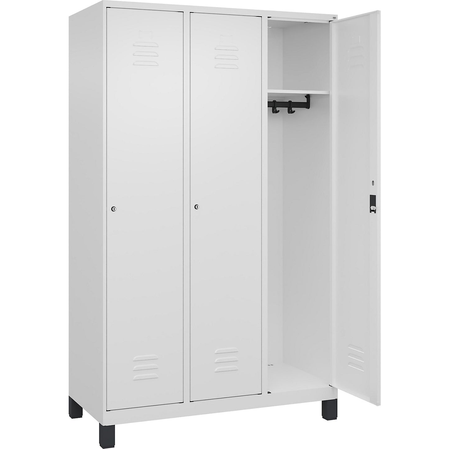 Classic PLUS clothes locker, 3 compartments, traffic white, W 1200 mm, with feet, cylinder lock.