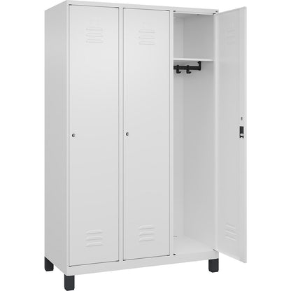 Classic PLUS clothes locker, 3 compartments, traffic white, W 1200 mm, with feet, cylinder lock.