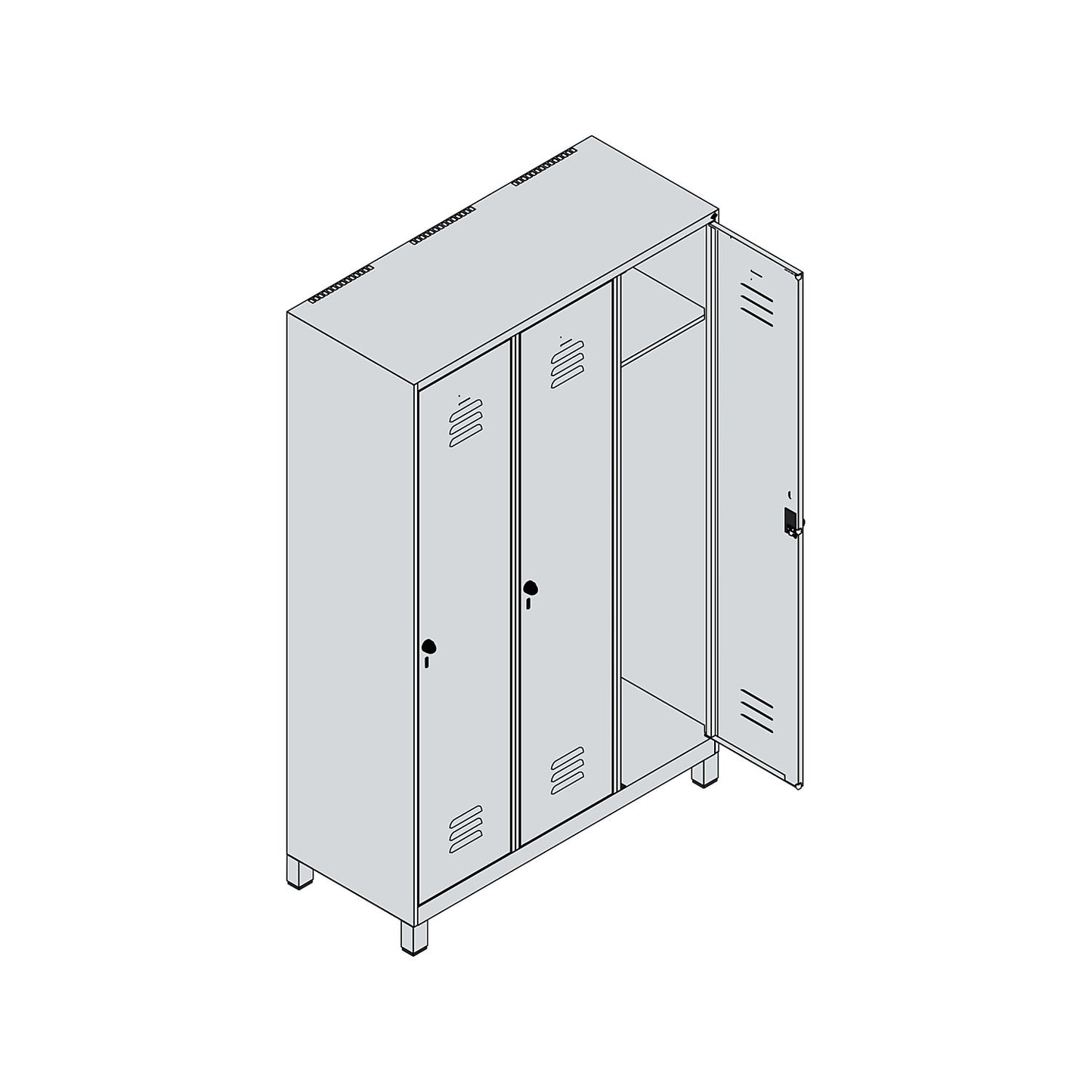 Classic PLUS clothes locker, 3 compartments, light grey/reseda green, W 1200 mm, with feet, rotary bolt.