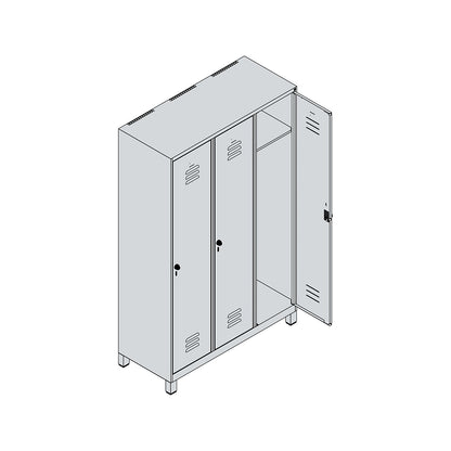 Classic PLUS clothes locker, 3 compartments, light grey/light blue, W 1200 mm, with feet, rotary bolt.