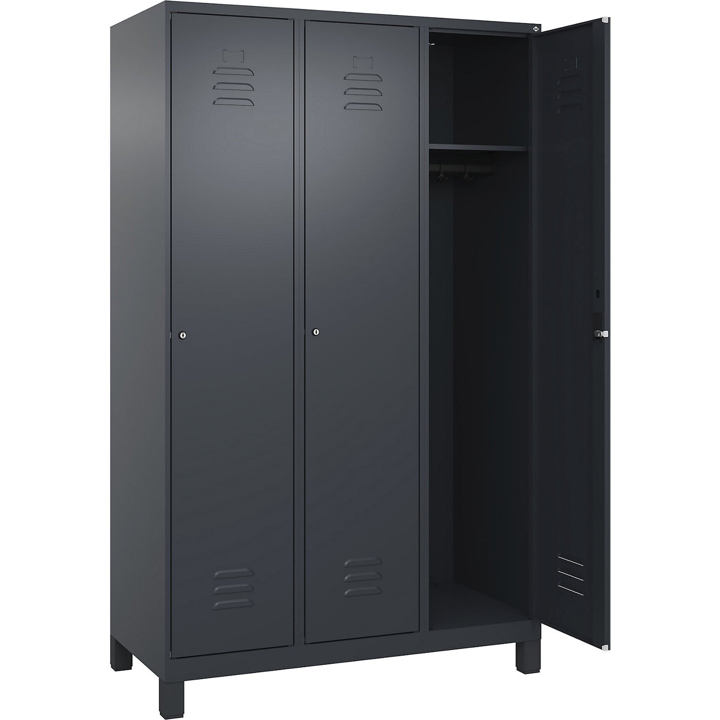 Classic PLUS clothes locker, 3 compartments, grey, W 1200 mm, with feet, cylinder lock.