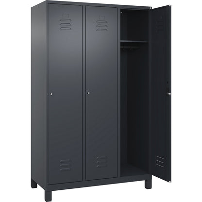 Classic PLUS clothes locker, 3 compartments, grey, W 1200 mm, with feet, cylinder lock.