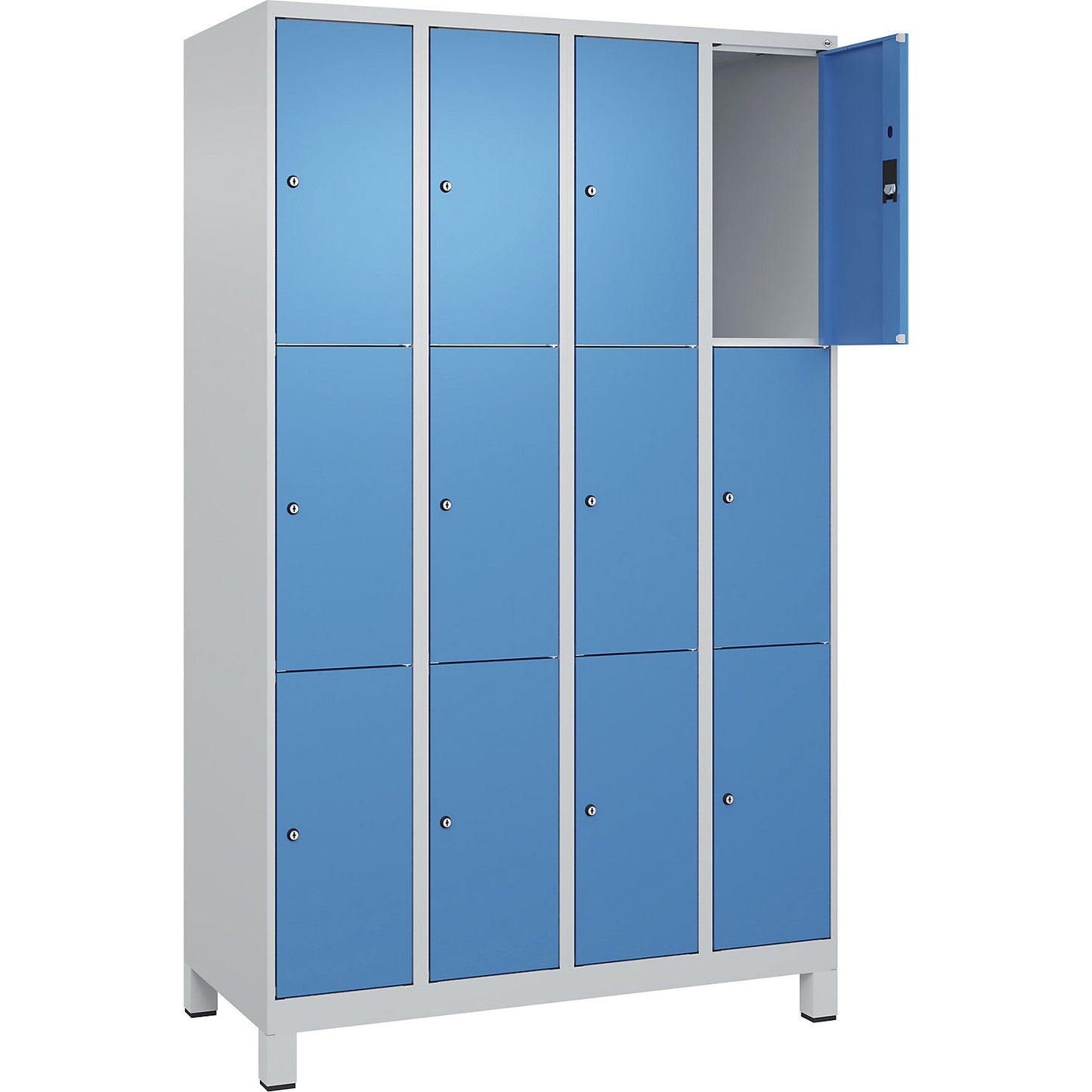 Classic PLUS 3-fold compartment locker, 4 compartments, light grey/light blue, W 1200 mm, 12 compartments, with feet.