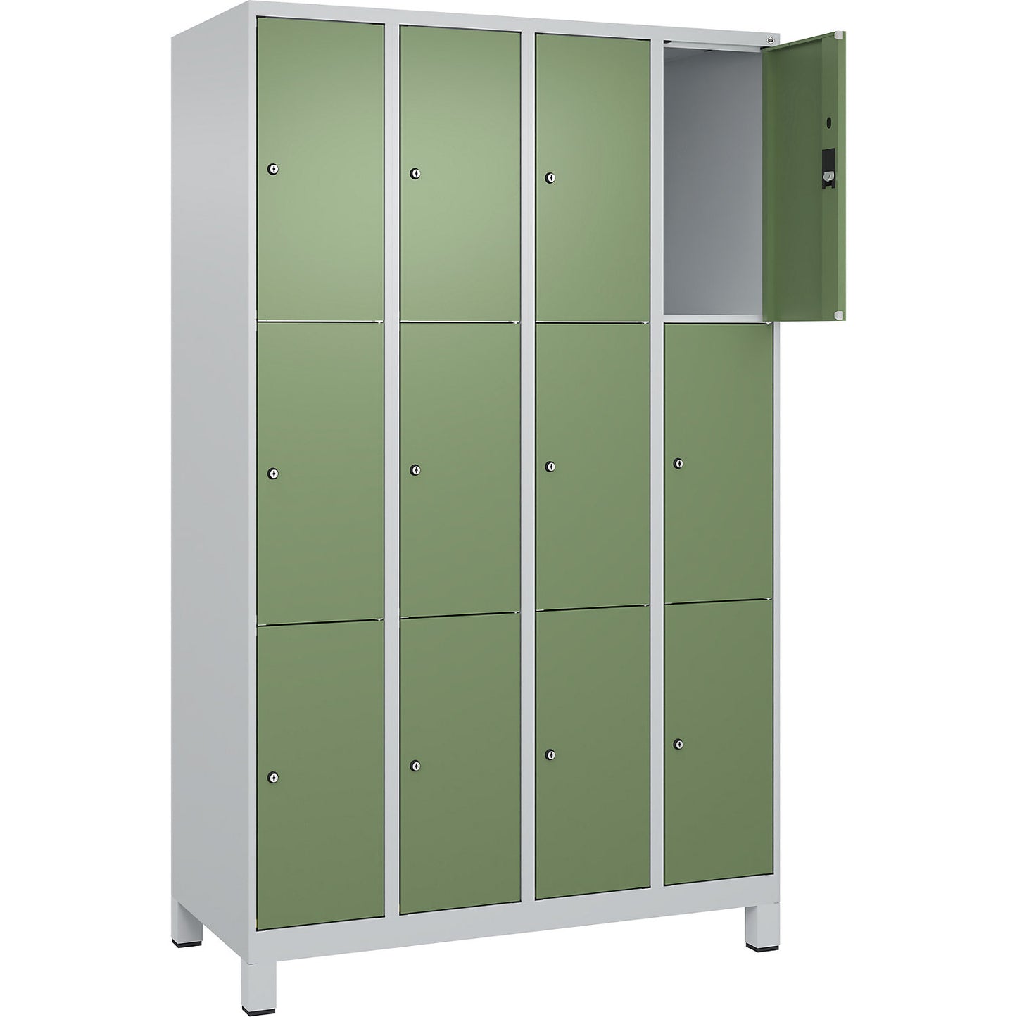 Classic PLUS 3-fold compartment locker, 4 compartments, light grey/reseda green, W 1200 mm, 12 compartments, with feet.