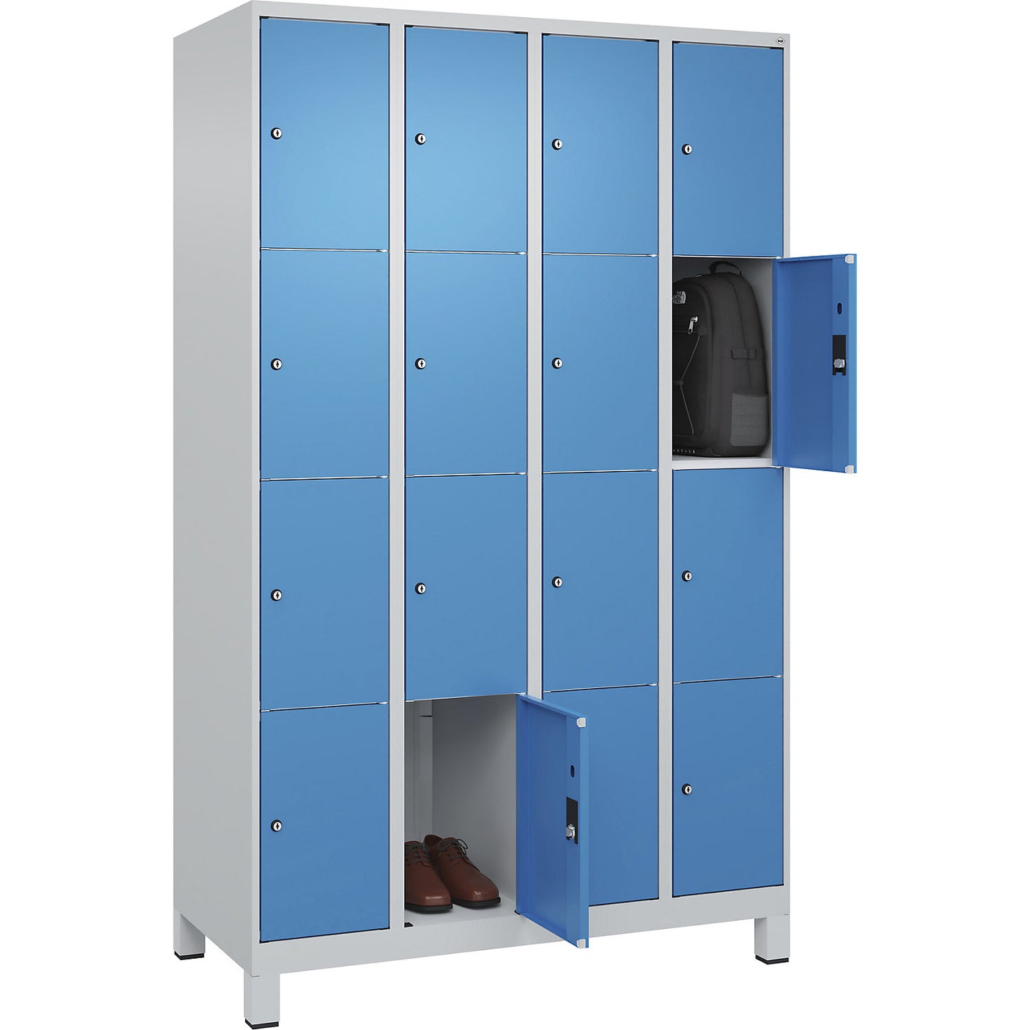 Classic PLUS 4-fold compartment locker, 4 compartments, light grey/light blue, W 1200 mm, 16 compartments, with feet.