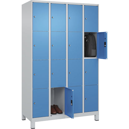 Classic PLUS 4-fold compartment locker, 4 compartments, light grey/light blue, W 1200 mm, 16 compartments, with feet.