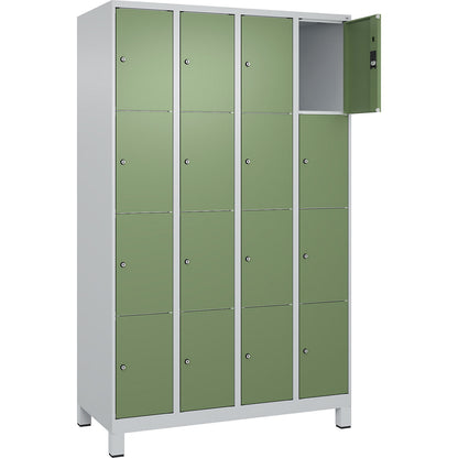 Classic PLUS 4-fold compartment locker, 4 compartments, light grey/reseda green, W 1200 mm, 16 compartments, with feet.