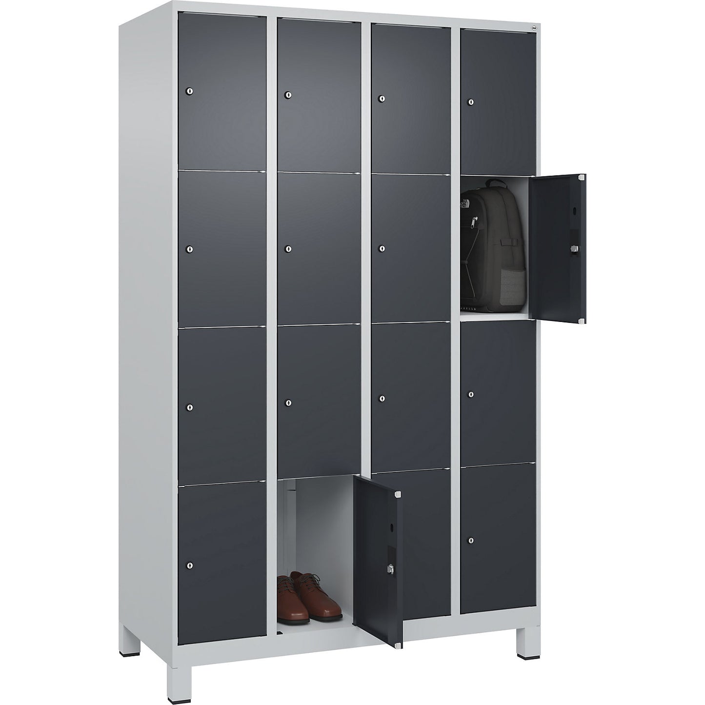 Classic PLUS 4-fold compartment locker, 4 compartments, light grey/grey, W 1200 mm, 16 compartments, with feet.