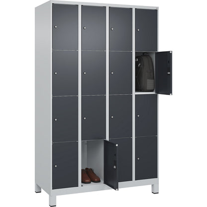 Classic PLUS 4-fold compartment locker, 4 compartments, light grey/grey, W 1200 mm, 16 compartments, with feet.