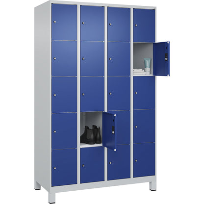 Classic PLUS 5-fold compartment locker, 4 compartments, light grey/gentian blue, W 1200 mm, 20 compartments, with feet.
