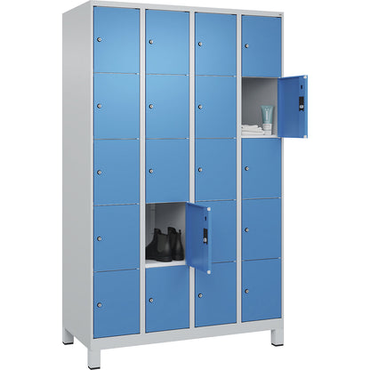 Classic PLUS 5-fold compartment locker, 4 compartments, light grey/light blue, W 1200 mm, 20 compartments, with feet.
