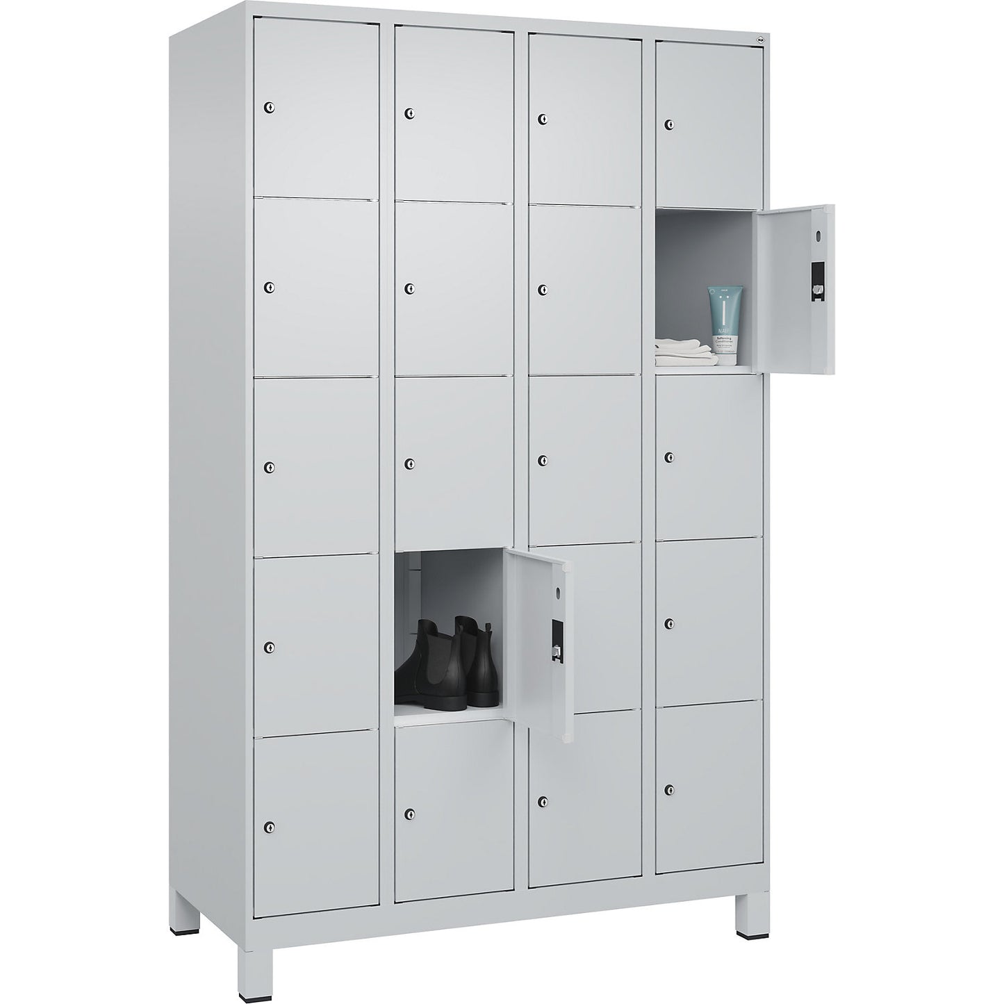 Classic PLUS 5-fold compartment locker, 4 compartments, light grey, W 1200 mm, 20 compartments, with feet.