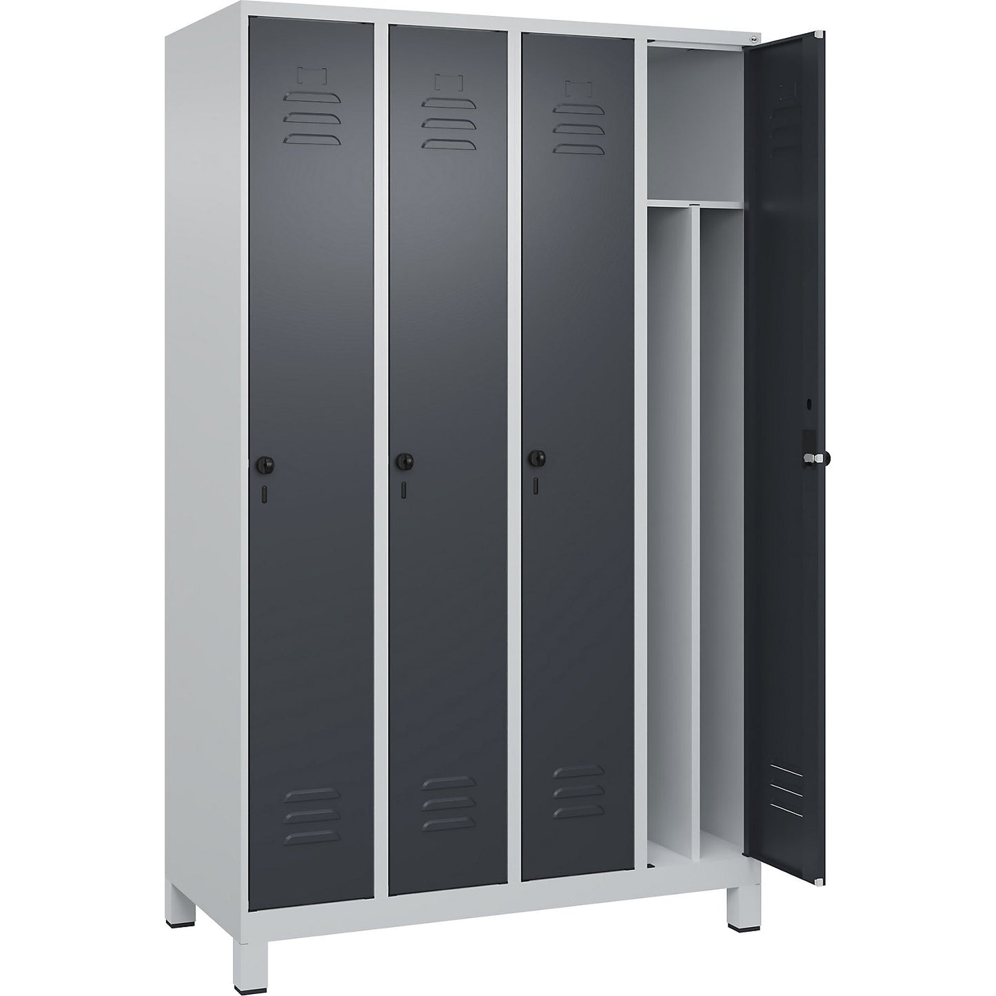 Classic PLUS clean and dirty clothes locker, narrow, 4 compartments, shortened centre divider, light grey/grey, W 1200 mm, with feet, rotary bolt, centre partition.
